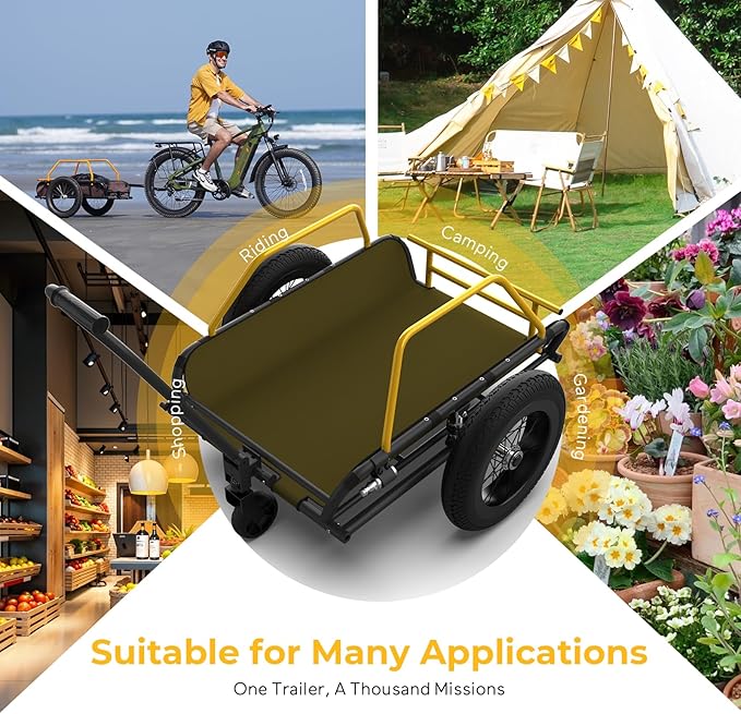 Heavy-Duty Bike Cargo Trailer, 3-in-1 Collapsible Foldable Design with 150lb Capacity Universal Hitch & Removable Caster Dual Shock Absorbers, Quick Release 16" Wheels Bicycle Traile