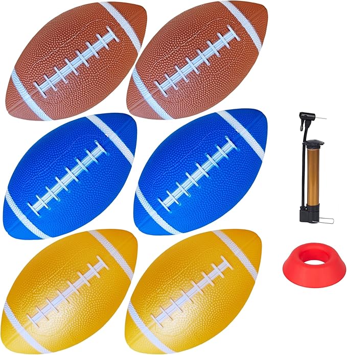 6 Pack 9" Mini Inflatable Rubber Footballs Party Favors, Small Footballs, Peewee Size Footballs for Kids, Junior Outdoor and Indoor Games - Sports Balls Playground Ball with Pump and Kicking Tee