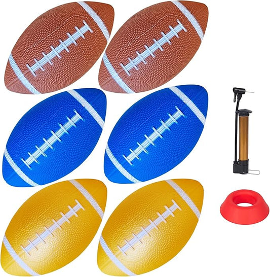 6 Pack 9" Mini Inflatable Rubber Footballs Party Favors, Small Footballs, Peewee Size Footballs for Kids, Junior Outdoor and Indoor Games - Sports Balls Playground Ball with Pump and Kicking Tee