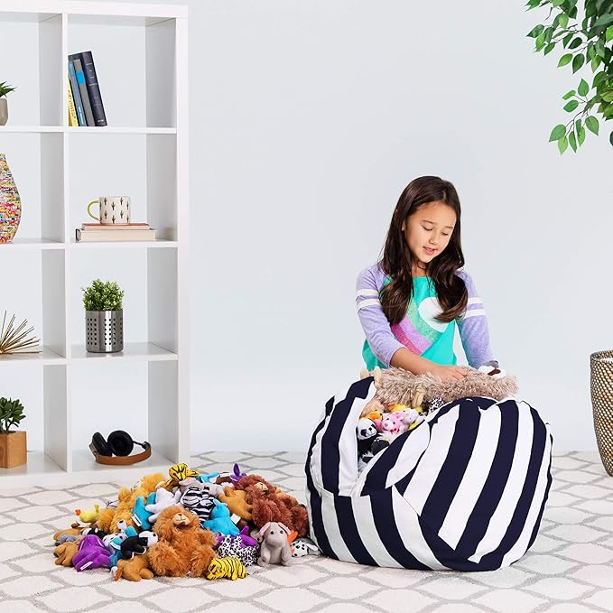 Posh Stuffable Kids Stuffed Animal Storage Bean Bag Chair Cover - Childrens Toy Organizer, Medium 27" - Canvas Stripes Blue and White