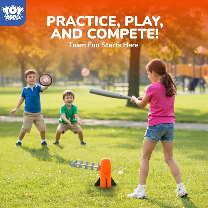 TOY Life Baseball Pitching Machine for Kids Training Tball Set– Toddler Pitching Machine Auto Launcher with 7 Balls, Bat & Sticky Gloves | Pop and Pitch Baseball Toy for Boys & Girls Ages 5-12