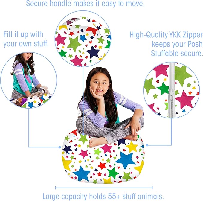Posh Creations Stuffable Kids Stuffed Animal Storage Bean Bag Chair Cover - Childrens Toy Organizer, Medium-27 - Canvas Stars Bright Multi-Colored