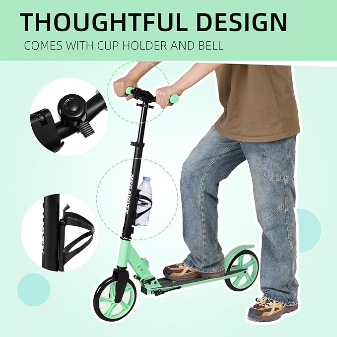 Foldable Kids Scooter with 8 inch Sturdy Wheels - Scooters for Kids, Teens, Adults Ages 8+, Adjustable Handlebar, Gift for Boys&Girls, 220lbs Max Load, Bearing ABEC7,Cup Holder