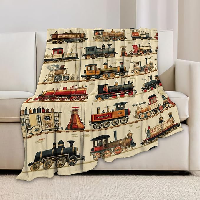 Train Blanket, Steam Train Blanket, Vintage Car Gifts Blankets Stuff Fleece Flannel Plush for Boys Men Women Girls Lovers Adults Soft Bedding Gift for Sofa Bed Office Home Decor 80"x60"