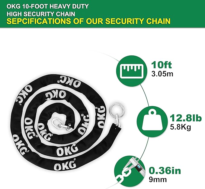 OKG Extra Long Security Chain - 10-Foot x 3/8" Thick Heavy Duty, Eco-Zinc Plated - Uncuttable for Outdoor & Indoor Use - Bike & Motorcycle Lock Chain - For Two+ 2-Wheeled Vehicles