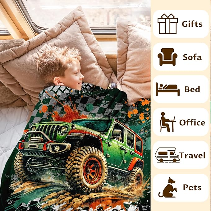 Off-Road Vehicles Blanket for Kids Boys Blankets Gift for Son Grandson, Cool Cozy Soft 50 x 40 Inches Cars Flannel Throws for Bed Travel Sofa Living Room