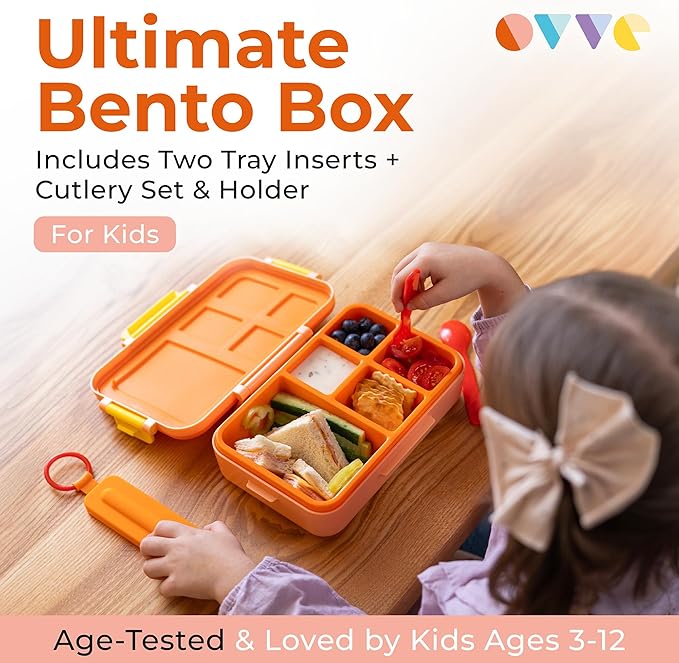 ovve® Ultimate Kids Bento Box & Cutlery Set - Leakproof Lunch Box for Kids with Interchangeable Inserts, BPA-Free, Dishwasher & Microwave Safe - Lunch Containers for School & Preschool (Orange)