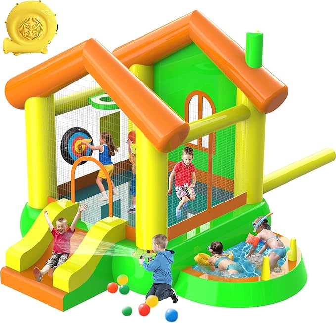 Inflatable Bounce House for Kids, 10FT Big Bounce House with Blower - Playground Backyard Slide Indoor Outdoor Wet Dry Water Park Bouncer with Blower/Ocean Ball/Target Games/Splash Pool/Basketball