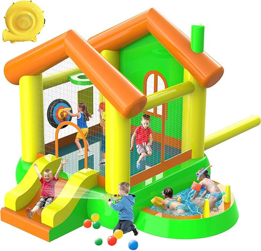 Inflatable Bounce House for Kids, 10FT Big Bounce House with Blower - Playground Backyard Slide Indoor Outdoor Wet Dry Water Park Bouncer with Blower/Ocean Ball/Target Games/Splash Pool/Basketball