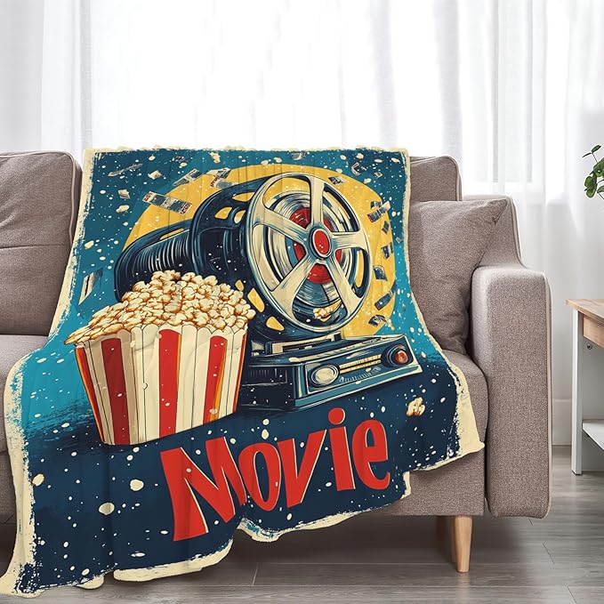 Movie Blanket Film Theater Cinema Popcorn Throw Blankets Gifts for Girls Boys Kids Movie Lover Soft Cozy Fleece Plush for Couch Sofa Bed 60"x50"