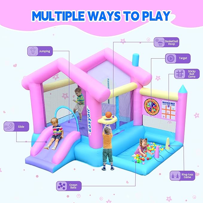 Inflatable Bounce House for Kids 3-10, 123" L x 110" Bouncy Castle, Jumping, Slide, Basketball Hoop, Ball Pits, Rings, Target Game Blower Included