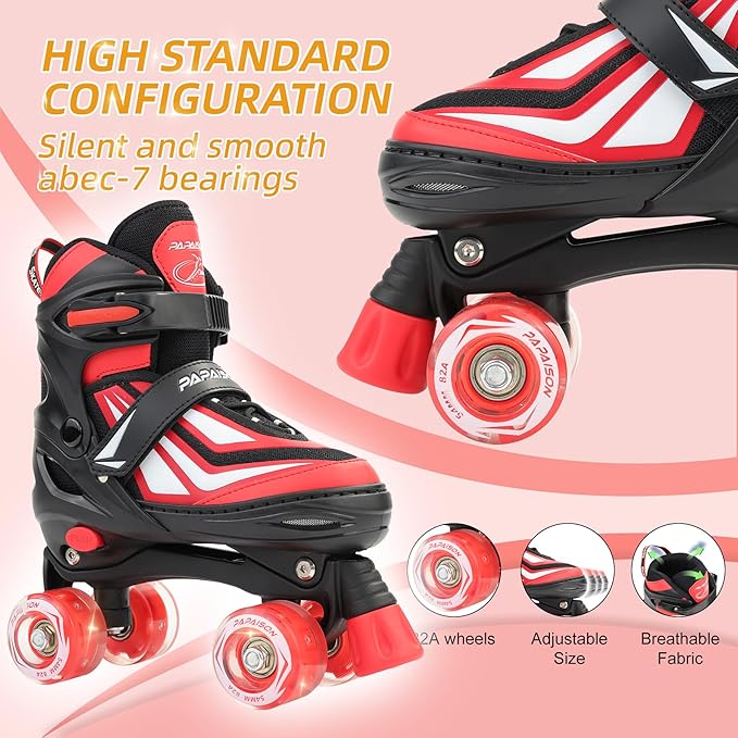 PAPAISON Kids Roller Skates for Boys Girls, 4 Size Adjustable Rollerskates with Light Up Wheels for Kids Ages 4-12