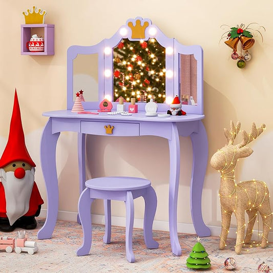 Costzon Kids Vanity with Lights, Girls Vanity Set with Mirror and Stool, Drawer, 2 in 1 Princess Makeup Desk Dressing Table, Kids Vanity Table and Chair Set, Violet