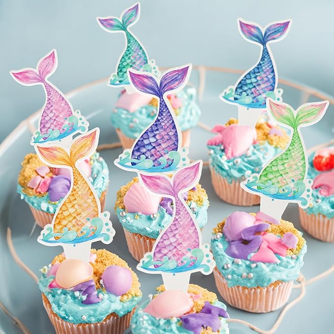 Ephlyn 36Pcs Mermaid Tail Cupcake Toppers Mini Under the Sea Mermaid Tail Cake Topper Decorations Cupcake Picks for Ocean theme Birthday Party Decoration Baby Shower Supplies