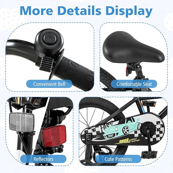 BABY JOY Kids Bike, 12 14 16 18 Inches Car Pattern Sporty Bicycle w/Removable Training Wheels, Hand & Coaster Brakes, Adjustable Seat & Handlebar, Girls Boys Bike