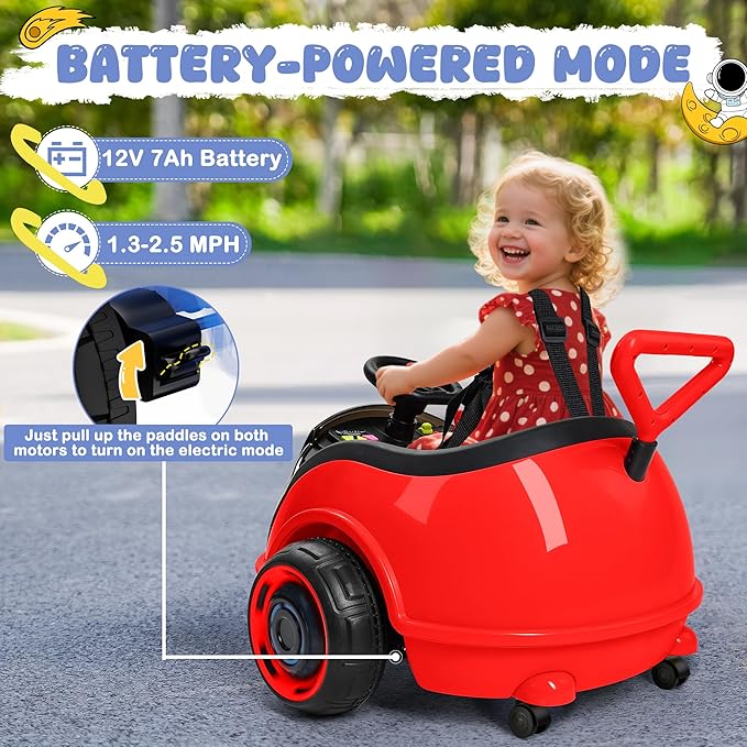 ANPABO 3-in-1 Electric Push Ride On Car, 12V Kids Ride On Toy w/Remote Control, 360° Spin, 5-Point Safety Belt, Colorful LED Light, Music Player, Push Car for Toddler Ages 1-3 (Red)