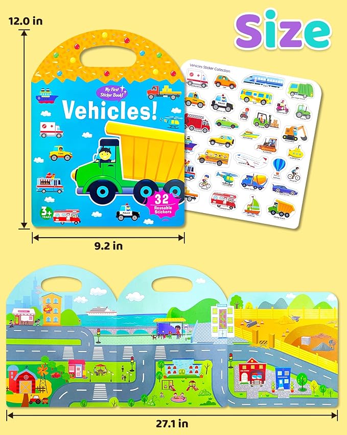 Benresive Reusable Sticker Book for Toddlers 2-4 Years, Fun Travel Stickers for Kids, Waterproof Sticker Books for Toddlers 1-3, Crafts Activities for Toddler 1-3 2-4 3-5 - Transport