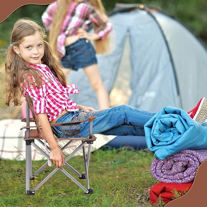 XMT Kids Folding Chair with Cup Holder - Portable Lightweight Outdoor & Indoor Chair for Children Ages 3-9, Anti-Slip Base, Sturdy Metal Frame, Compact Foldable Design with Carry Bag (Yellow/Brown)