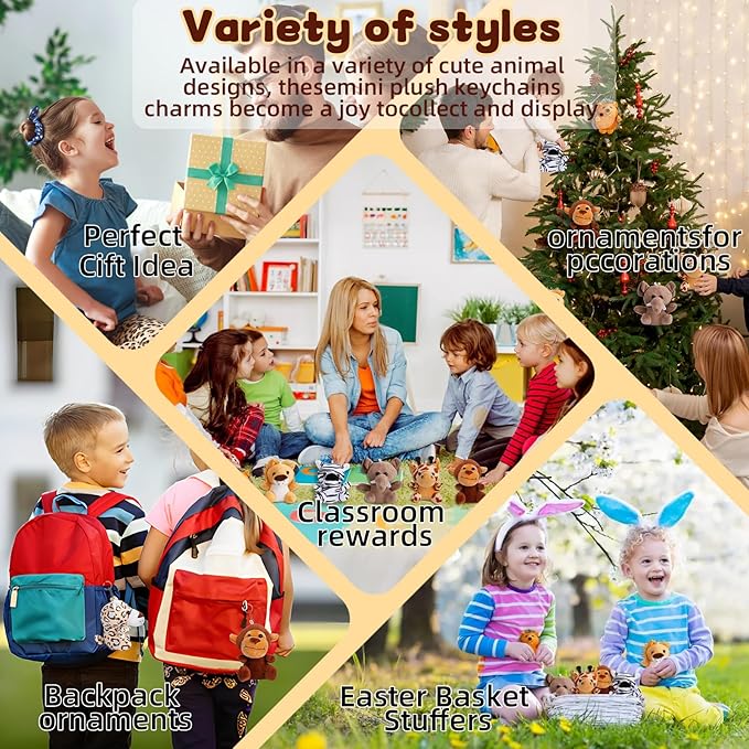 12 Pcs Small Stuffed Animal Bulk - 4.5 Inch Fluffy Stuffies, Animals Keychain Decoration, Stocking Stuffers for Kids, Carnival Prizes, Classroom Treasure Box, Pinata Stuffers