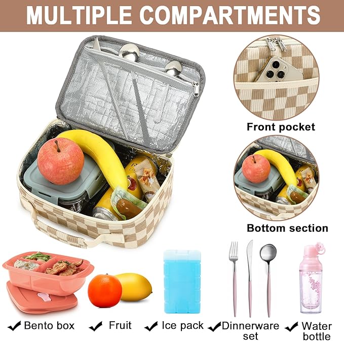 Kids Girls Lunch Bag Insulated Lunch Box for school Corduroy Lunch Cooler Organizer School Kids Lunch Tote (Corduroy checkered brown)