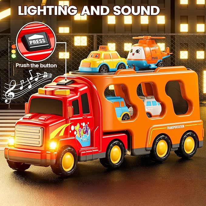Trucks for Toddlers 3-4 Years, Toys for 3 4 5 6 7 Years Old Boy, 5 in 1 Carrier Transport Truck Vehicle Toy Set with Sound and Light, Christmas Birthday Gift for Kids 3 4 5 6 Years Old