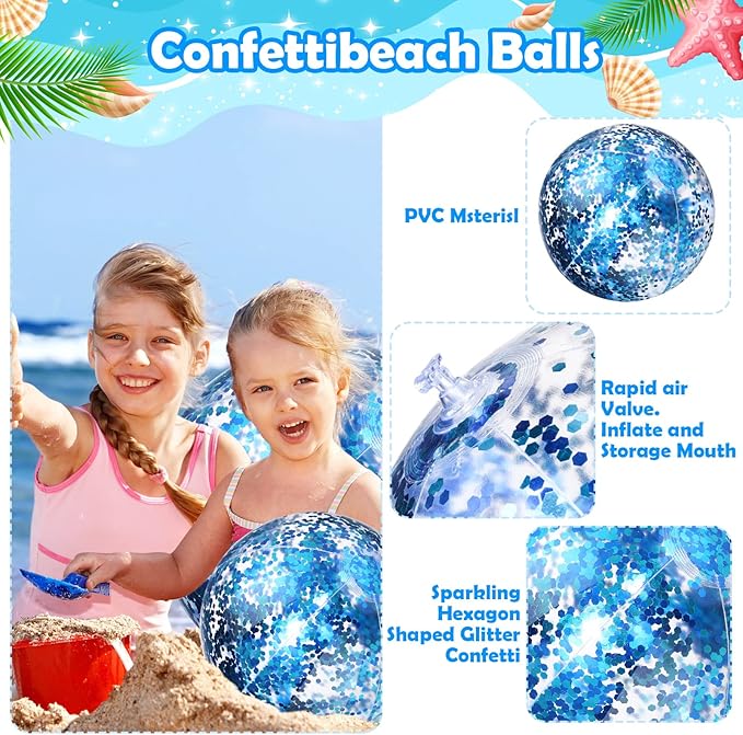 Chivao 18 Pcs Sequins Beach Ball 24 Inch 16 Inch Clear Inflatable Glitter Summer Swimming Pool Balls Wedding Outdoor Floatable Decor Confetti Decor for Beach Party(Blue)