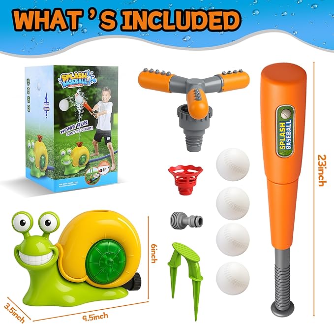 Water Sprinkler Baseball Toy for Kids Outdoor Play, 2 in 1 Snail Sprinkler with Bat and Balls, Backyard Lawn Pool Summer Game for Boys Girls Ages 4-8