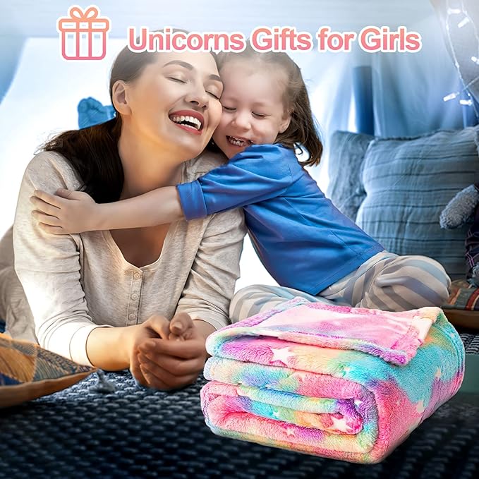 TEHALK Unicorn Glow in The Dark Blanket for Girls/Kids, 60% Polyester/40% Flannel, 40"x60", Pink, Cartoon Unicorn with Star
