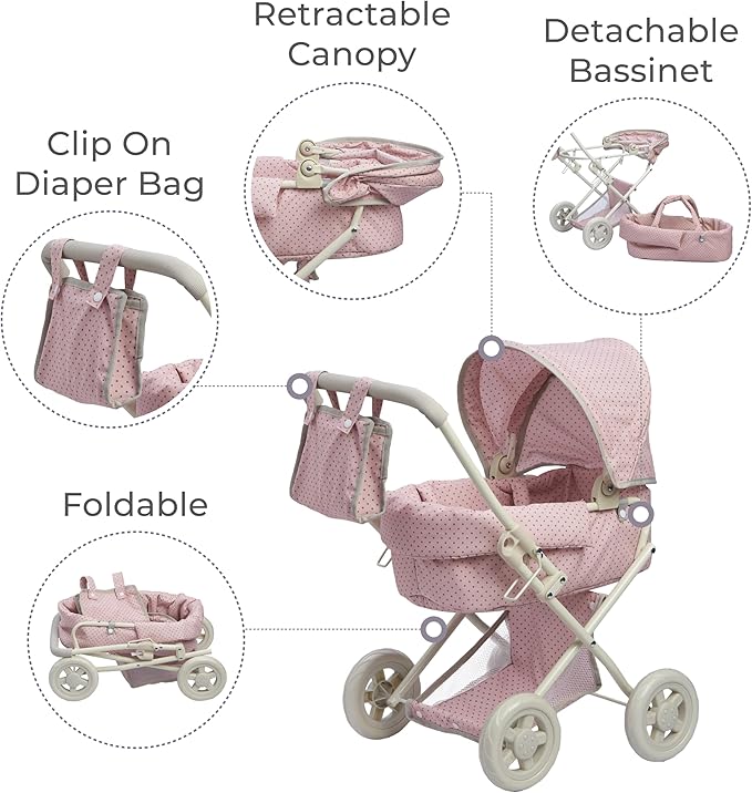 Olivia's Little World Buggy-Style Baby Doll Stroller with Retractable Canopy, Storage Underneath, Detachable Bassinet, Travel Nursery Bag, Comfortable to Push, Pink and Gray