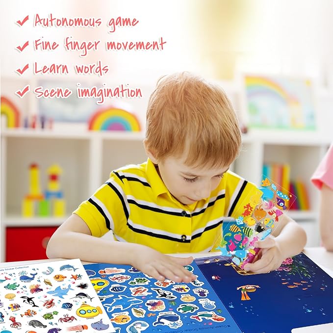 ASTARON Reusable Sticker Book for Toddlers, 88 Pcs Ocean Stickers Road Trip Activities Car Airplane Activities Travel Toys for Kids, Kids Quiet Time Activities (2-6 Age)