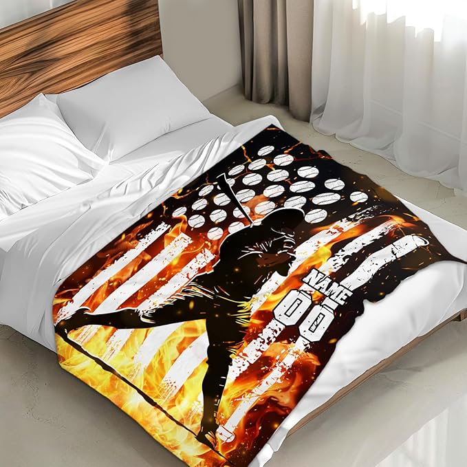 Personalized Blanket for Boys Men, Baseball Blanket Gift for Baseball Lovers, Custom Name Sport Blanket for Kids Teens, 50x60 Inches Soft Flannel Throws for Couch Sofa Bed