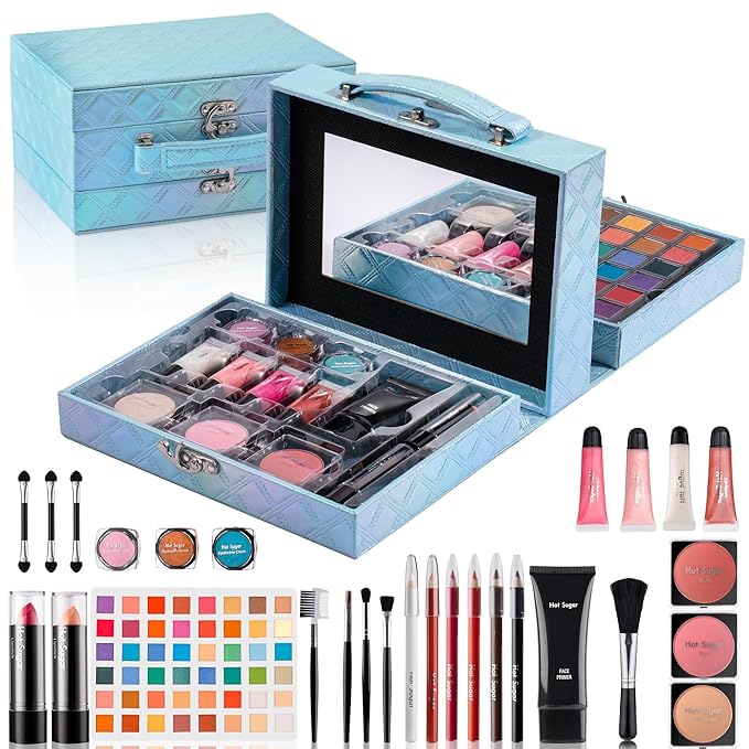 Hot Sugar Makeup Kit for Preteen Girls 10-12, Birthday Christmas Makeup Gift Set for Teens 16-18, All in One Beginner Makeup Kit for Women Full Kit (Blue Diamond)