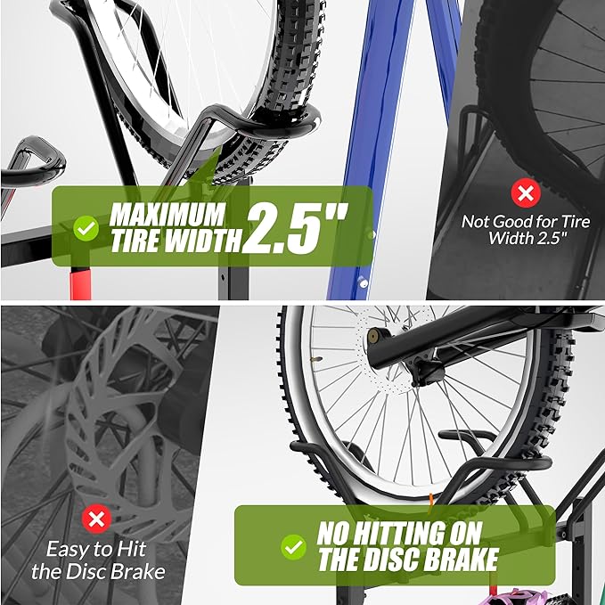 3 Bikes Floor Stand, Adjustable Bicycle Parking Rack with Hook for Garage, Indoor, Outdoor, Metal Cycle Storage Organizer Rack for Mountain, Road and Kids Bikes, Max Tire Width 2.5”, Black