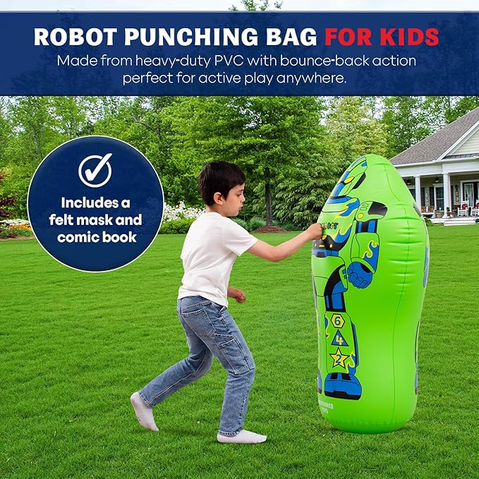 Inflatable Punching Bag for Kids – 47-Inch Bop Bag with Instant Bounce-Back Action, Includes Mask & Comic Book – Heavy Duty PVC Punching Dummy for Boys & Girls, Indoor & Outdoor Play
