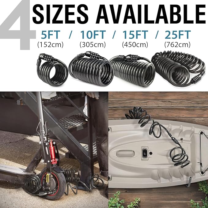 MARQUE Combination Bike Lock Cable- 3/8 inch (5FT, 10FT, 15FT, 25FT) Resettable Combination Lock, Anti-Theft Coiled Secutiry Cable for Bicycles, Kayaks, Paddle Boards, Gates and Outdoor Gear (15 FT)