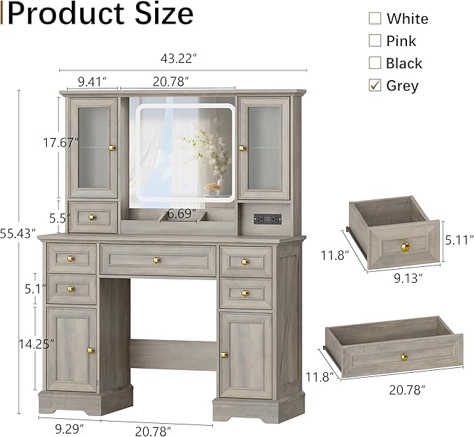 43'' Makeup Vanity with Mirror and Lights, Farmhouse Vanity Desk with Drawers & Charging Station, 3 Lighting Modes & Adjustable Brightness, Glass Cabinet, Dressing Table for Bedroom, Grey