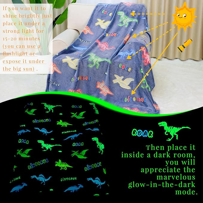 Dinosaur Blanket Glow in The Dark Dino Blankets for Boys Kids Dinosaurs Toys for Boys Gifts Soft Fleece Cute Toddler Blanket for Bed Dinosaur Decor Kids Birthday Christmas Valentines Presents