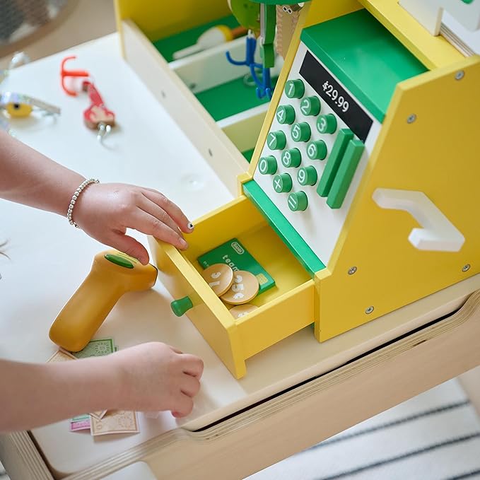 Teamson Kids Fishing Shop Playset with Cash Register & Scanner, Wooden Role Play Counter for Toddlers, Pretend Market Toy with Fish & Accessories, STEM Gift for Ages 3+