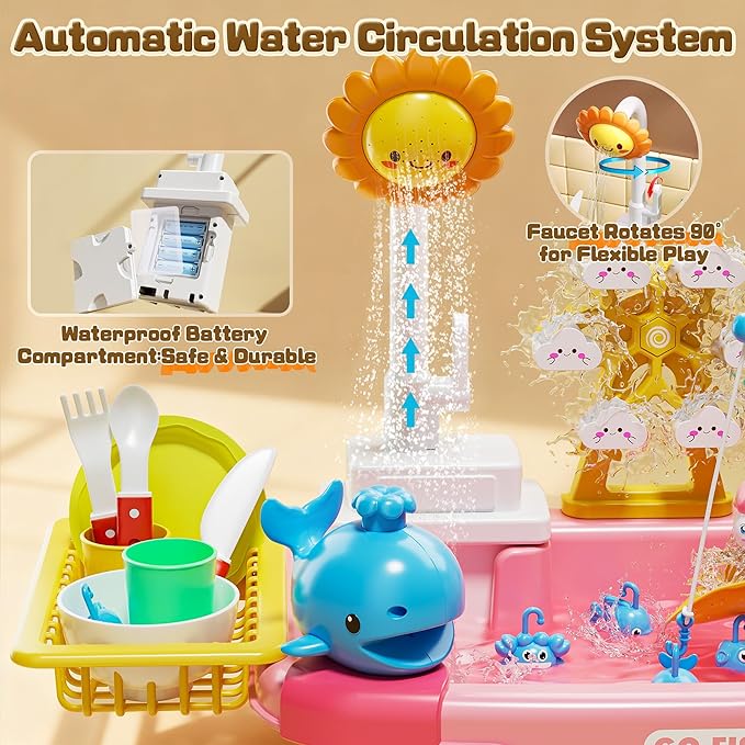 CUTE STONE Play Kitchen Sink with Running Water, Toddler Play Sink for Kids, Toy Sink with Electric Faucet, Fishing Game, Pretend Dishwasher, Water Table Toys & Kitchen Accessories for Girls