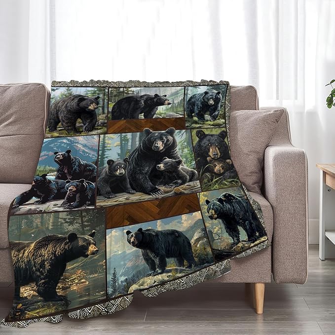 Black Bear Blanket Wild Animal Throw Blanket Cozy Plush Fleece Flannel Bear Blankets Lightweight Fuzzy Party Gifts for Girls Boys Women Men 50"X40"