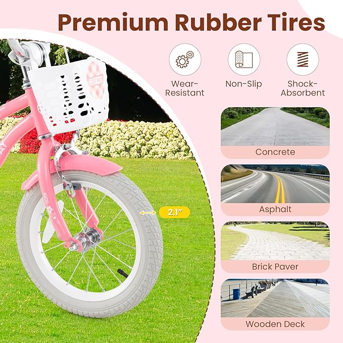 COSTWAY Kids Bike, 12 14 16 18 Inch Toddler Bike Children Bicycle w/Training Wheels, Hand & Coaster Brakes, Adjustable Saddle & Handlebar, Basket, Bell, Kids Bicycle for Girls Boys Aged 3-8 Years Old