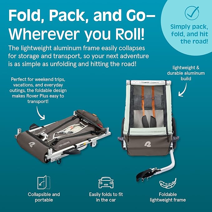 Retrospec Rover Plus Foldable Bike Trailer for Kids, Single/Double Passenger Child Bike Trailer with 5-Point Safety Harness, Reflective, Weather-Resistant Fabric and Safety Flag - Supports 40-80 lbs