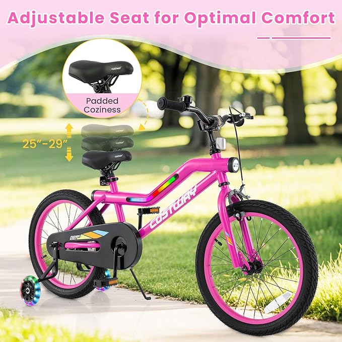 COSTWAY 16”/18” Lighted Kids Bike, Children Sport Bicycle with LED Light-up Frame, Adjustable Saddle, Training Wheels, Handbrake & Coaster Brake, Kids Riding Bike for 4-7/4-8 Years Old Boys & Girls