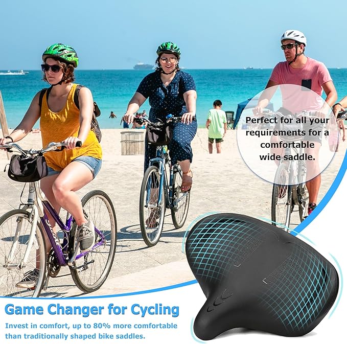 Oversized Bike Seat for Men & Women Comfort, Extra Wide Bicycle Seat Cushion, Comfortable Wing Padded, Large Replacement Saddle for Peloton, Stationary Exercise Bike, Ebike, Cruiser, City Bike