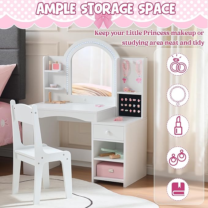 Kids Vanity Set with Lights, 2 in 1 Princess Makeup Vanity Desk with Jewelry Storage, Open Bookshelf, Storage Cabinet & Shelves for Little Girls (White)