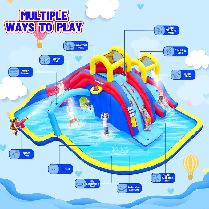 Inflatable Water Slide for Kids with 650W Blower, 2 Climbing Walls, 2 Slides, 2 Splash Pool, Basketball Hoop, Water Gun, 216 x 194 Inch Blow Up Water Slides for Backyard Blue