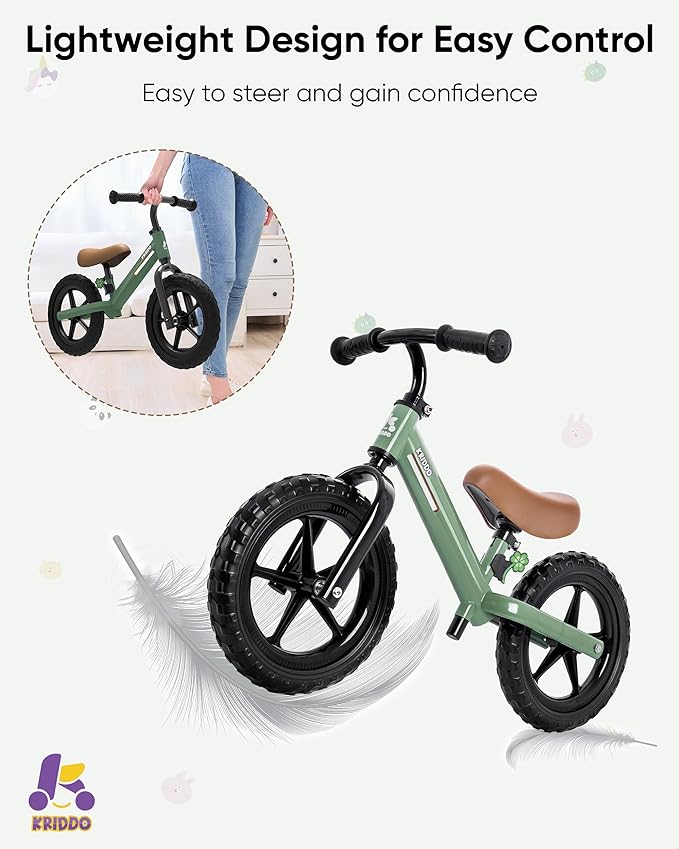KRIDDO Toddler Balance Bike 2 Year Old, Kids Balance Bike for 2-5 Years Old, Dual Bearing for Smoother Riding, Adorable Plate, Adjustable Seat and Handlebar, Toddler Bike Gifts Age 2-3, Green