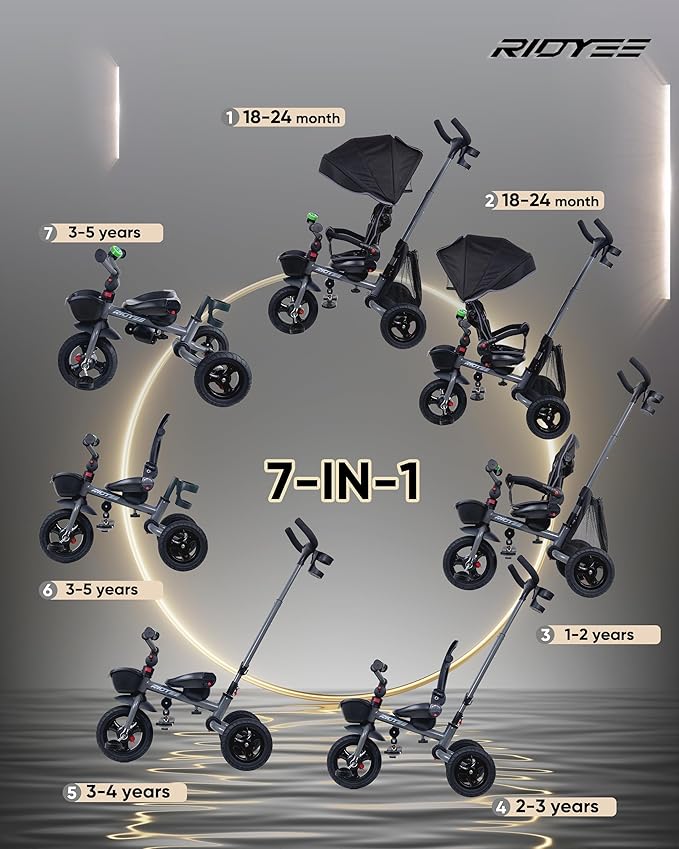 7-in-1 Folding Toddler Tricycle for 18 Months to 5 Years, Tricycle Stroller with Dual Brakes, All-Terrian Rubber Tire, Tricycle for Toddlers with Rotatable Seat, Adjustable Push Handle, Grey