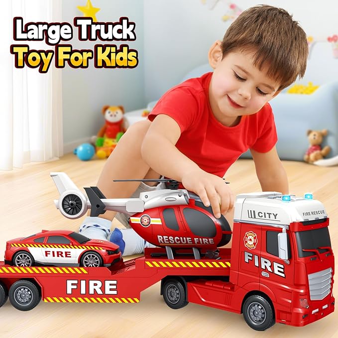 SpringFlower Truck Toddler Boy Toys, 25" Large Fire Truck Toy with Racing Car and Helicopter,3 in 1 Lights Sounds Fire Boy Vehicle, Christmas Birthday Gifts for Kids 3 4 5 6 Years Old