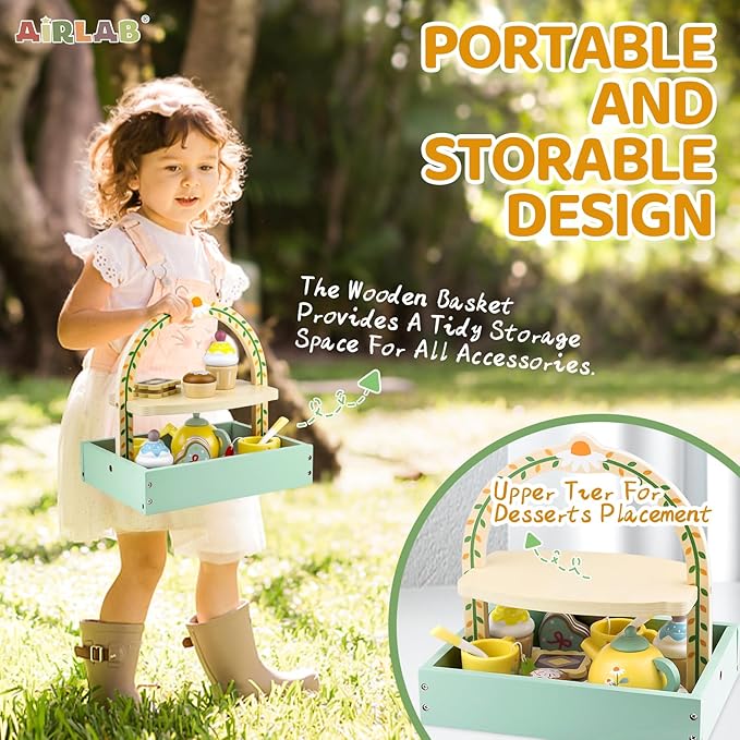 Wooden Tea Sets for Little Girls 1-3 Play Food Cake Toys Toddlers 3-5 Kitchen Accessories Pretend Play Princess Playset for 2 3 4 5 6 Year Old Girl Boy Party Birthday Gift